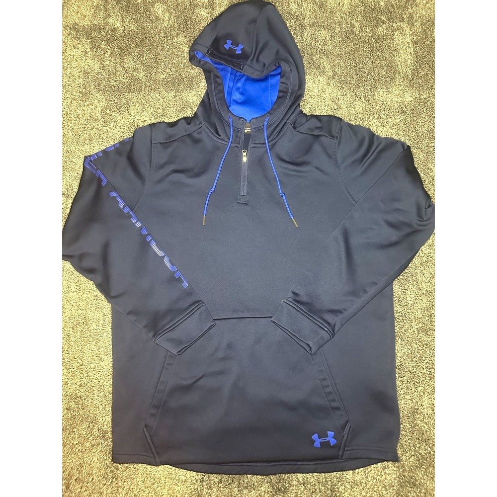 Under Armour ColdGear Hoodie Mens Large Black Blue 1/4 Zip Pullover
